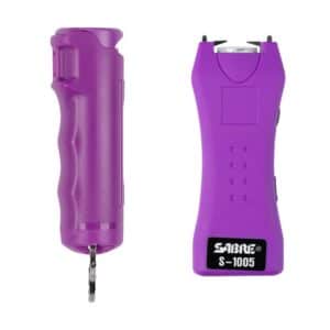 Purple self-defense pepper spray and stun gun.