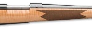 Wooden bolt-action rifle, long barrel, right side view.