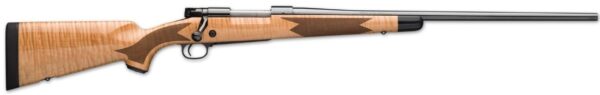 Wooden bolt-action rifle, long barrel, right side view.