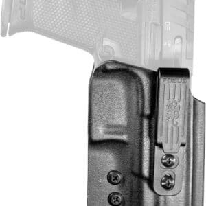 Gun holster with attached pistol on white background.