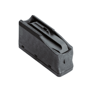 Black tactical rifle magazine on white background.