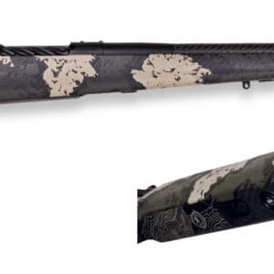 Camouflage hunting rifle with detailed shot of butt.