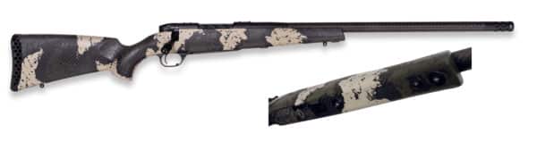 Camouflage hunting rifle with detailed shot of butt.