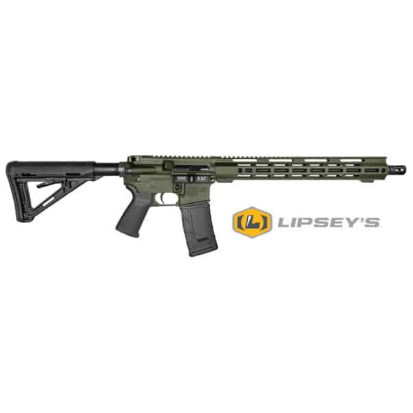 Olive green AR-15 style rifle with Lipsey's logo