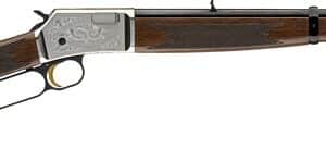 Lever-action rifle with wooden stock and engraved receiver.