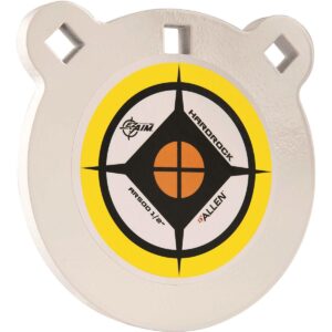 AR500 steel shooting target with yellow bullseye.