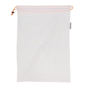 White mesh laundry bag with orange drawstring.