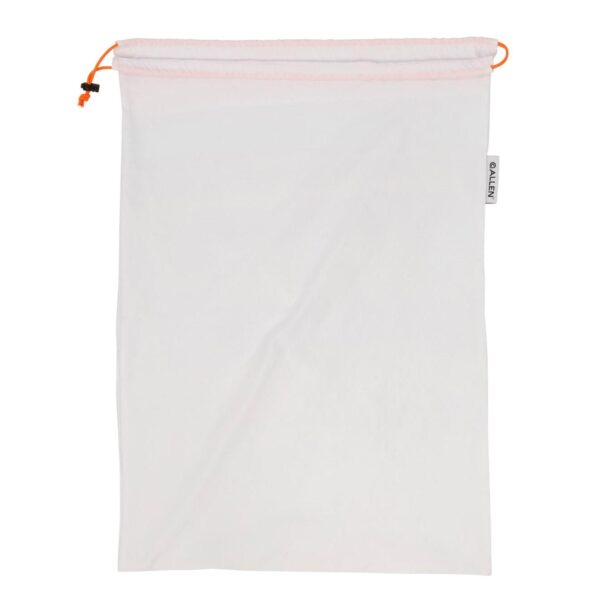 White mesh laundry bag with orange drawstring.