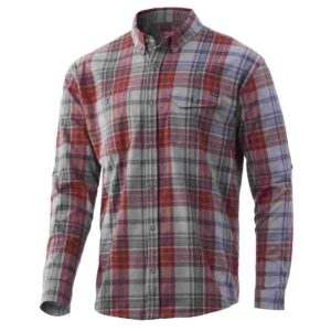 Red and gray plaid button-up shirt.
