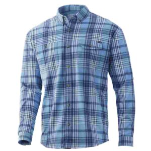 Blue plaid button-up shirt with long sleeves