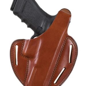 Black pistol in brown leather holster