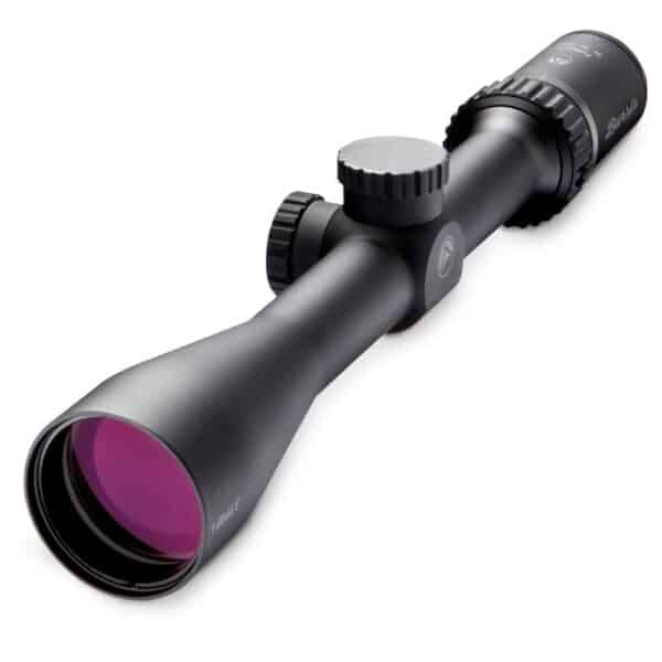 Rifle scope with magnification adjustment knobs.