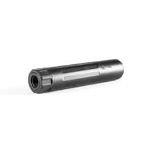 Black cylindrical metal suppressor for firearms