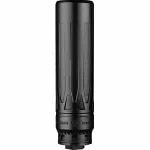 Black firearm suppressor, side view