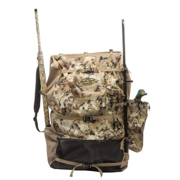Camouflage backpack with hunting gear attachments.