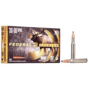 Federal Premium 30-06 rifle ammo box and cartridge