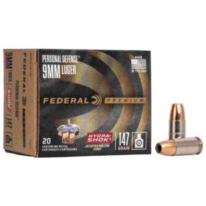 Federal 9mm Luger ammunition box with bullets.