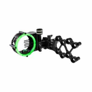 Black and green archery sight with adjustment dial.