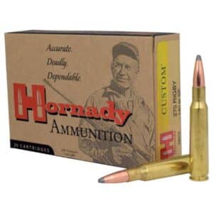 Hornady ammunition box with cartridges displayed.