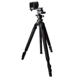Black camera tripod with foam grips and clamp