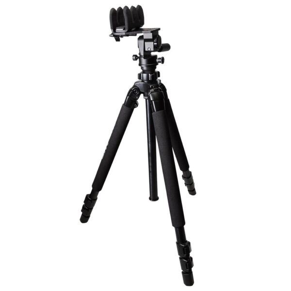 Black camera tripod with foam grips and clamp