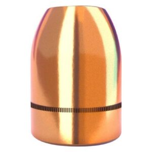 Copper-colored bullet casing, isolated on white background.