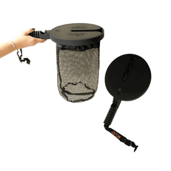 Handheld boat waste collector with mesh bag.