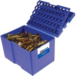 Blue box with empty bullet casings.