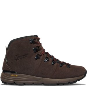 Brown hiking boot with red laces, side view.