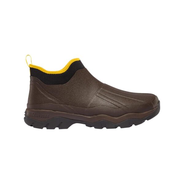 Brown waterproof boot with yellow accents.