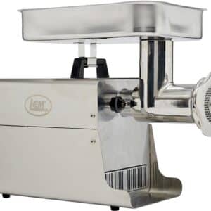 Stainless steel electric meat grinder on white background.