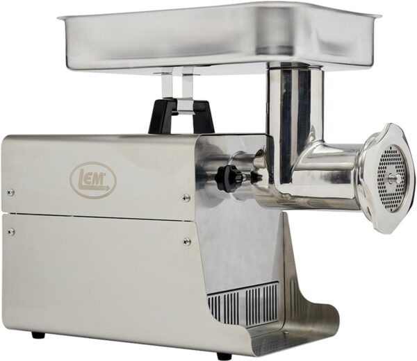 Stainless steel electric meat grinder on white background.