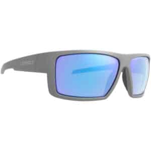 Gray sunglasses with blue lenses.