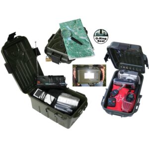 Open survival kit with emergency supplies and map.