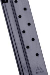 Black pistol magazine with six round holes.