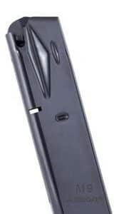 Black M9 pistol magazine standing upright
