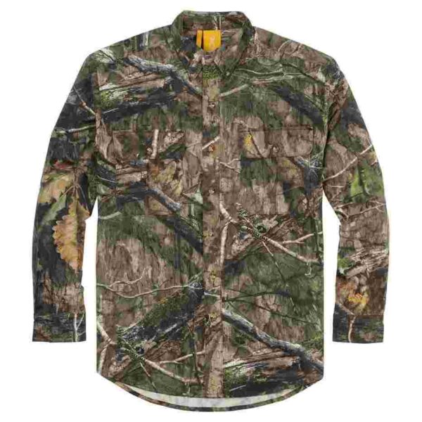 Camouflage long-sleeve shirt with tree pattern design.