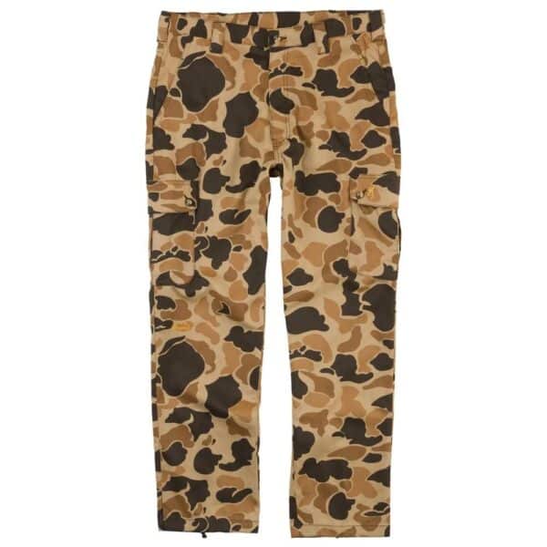 Camouflage cargo pants with multiple pockets.