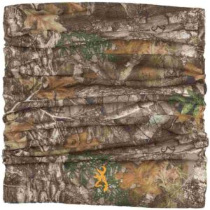 Multifunctional camouflage neck gaiter with autumn leaves.