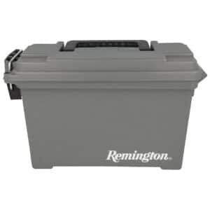 Remington gray storage box with handle, side view.