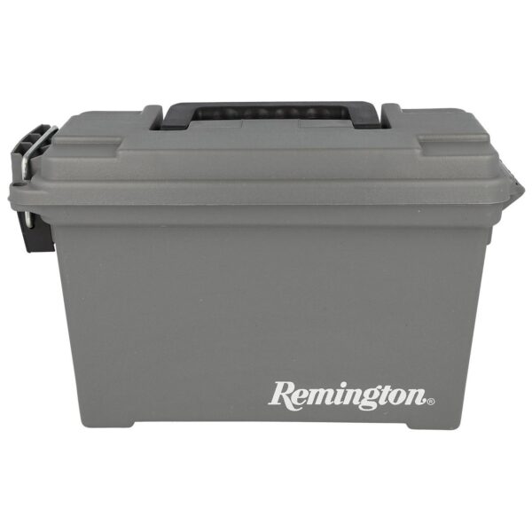 Remington gray storage box with handle, side view.