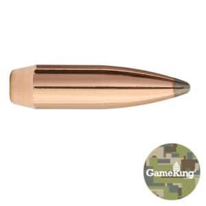 Copper rifle bullet, GameKing logo, camouflage background.