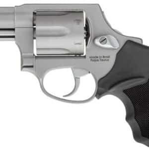 Silver revolver with black grip, side view.