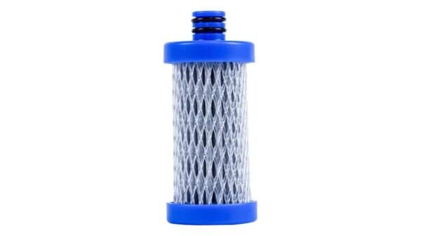 Blue cylindrical water filter cartridge isolated