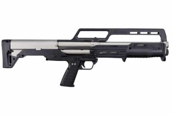 Tactical black and gray shotgun on white background.
