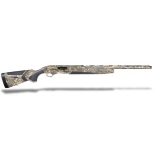 Camo-patterned semi-automatic hunting shotgun side view.