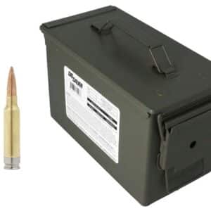 Ammunition box and bullet on white background.