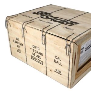 Ammunition box and bullet on display.