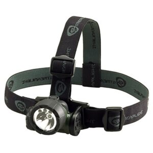 Black and green elastic headlamp with adjustable straps.