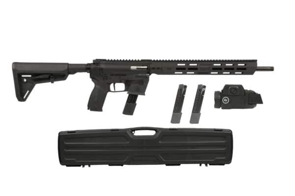 Black semi-automatic rifle with accessories and case.
